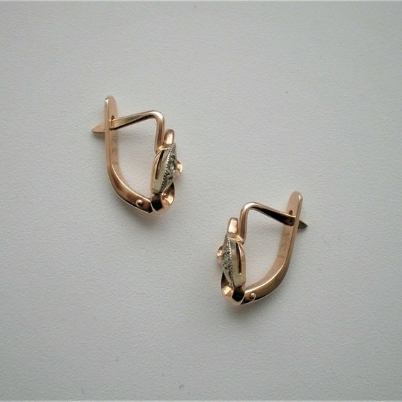 Vintage Soviet USSR Solid 14K 583 Rose Pink White Gold Diamond Pierced Earrings - Picture 3 of 6